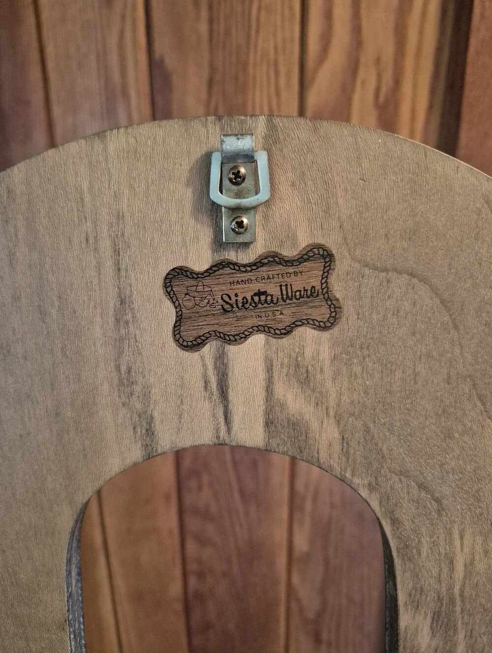 Vtg. Wood Handcrafted Siesta Ware USA Horseshoe Peg Hook Cast Metal Steer Head